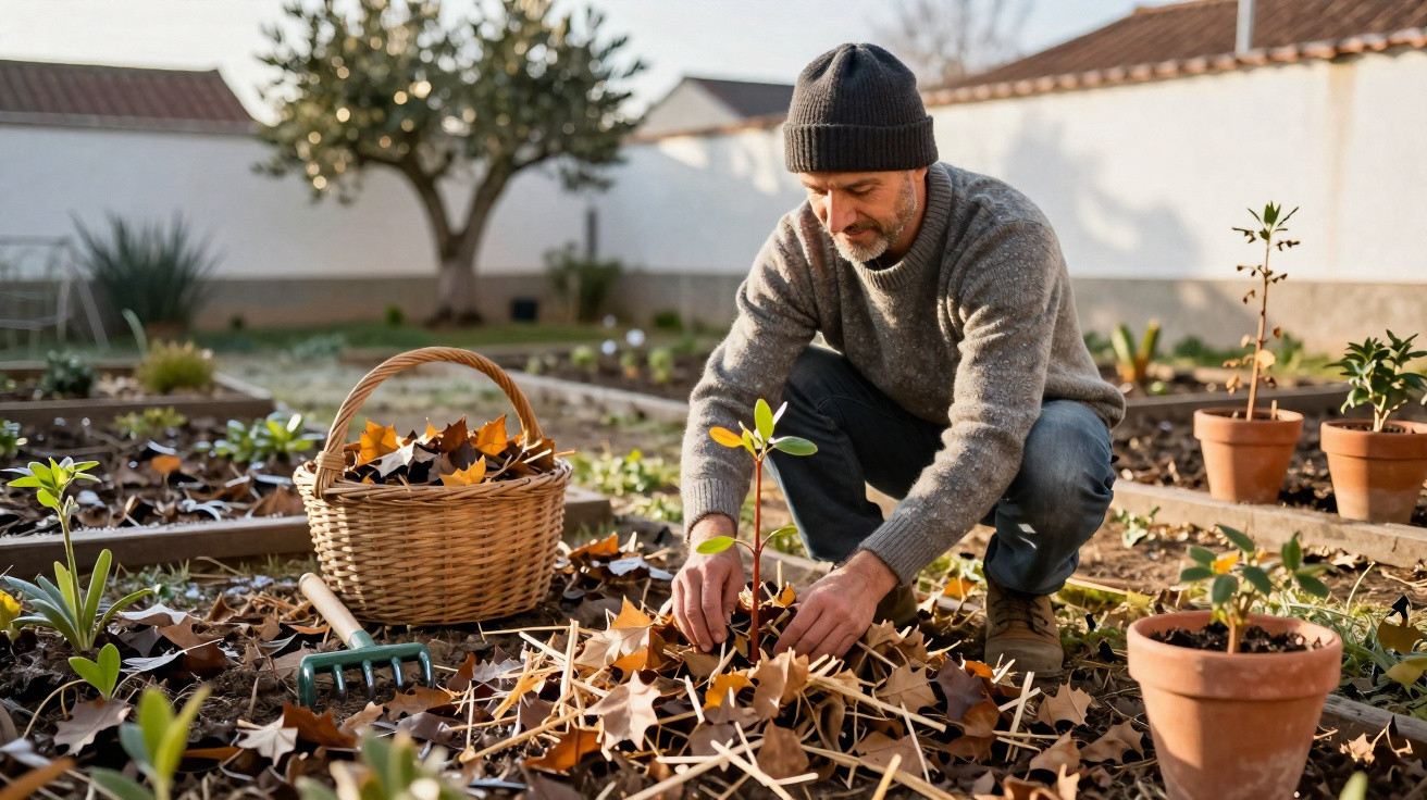 Homem com gorro plantando muda em jardim coberto por folhas secas e cercado por vasos e cesta.