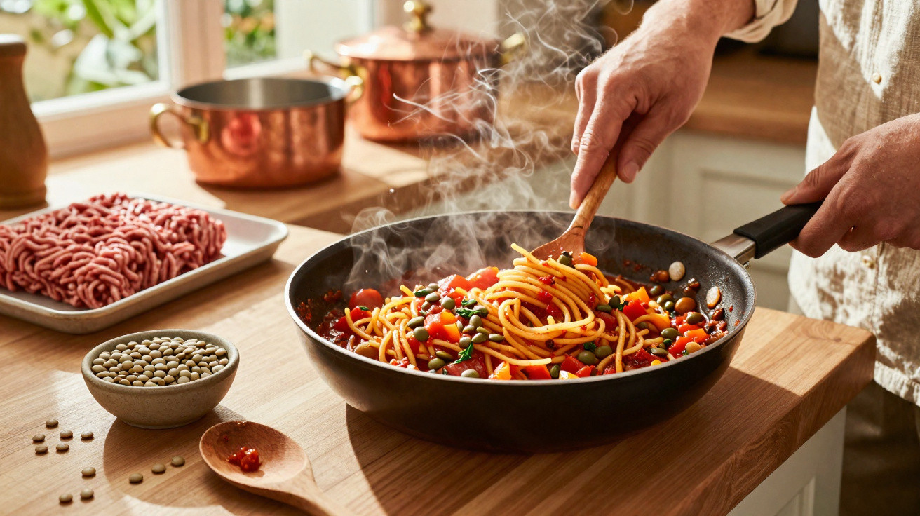 Pessoa cozinhando macarrão com molho de tomate e ervilhas em frigideira na cozinha iluminada por luz natural.