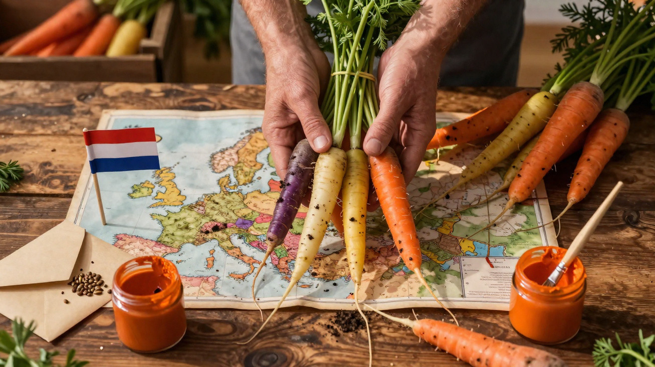 Mãos segurando cenouras coloridas sobre mapa da Europa, com envelope, sementes e pote de pasta alaranjada.