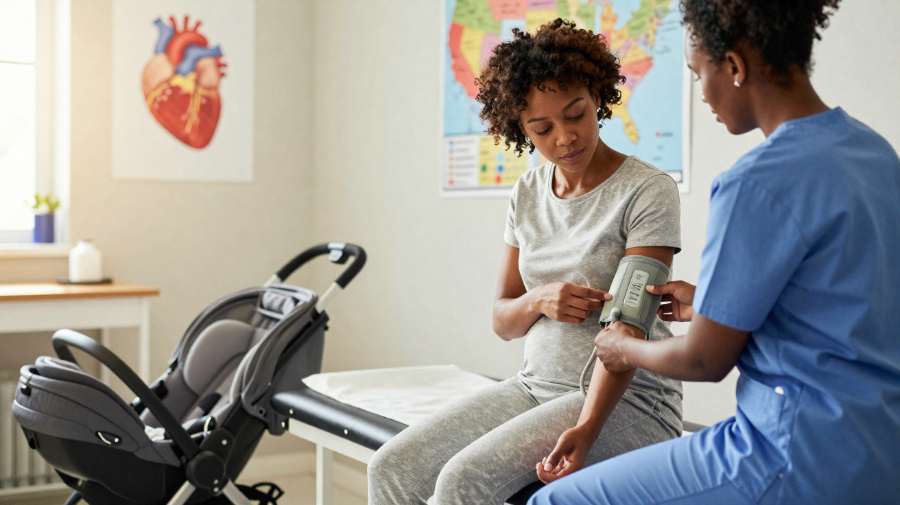 Enfermeira medindo pressão arterial de mulher grávida em consulta médica com carrinho de bebê próximo.