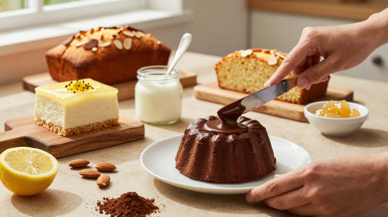 Mãos passando chocolate derretido sobre bolo de chocolate com bolos e limão ao fundo sobre mesa de madeira.