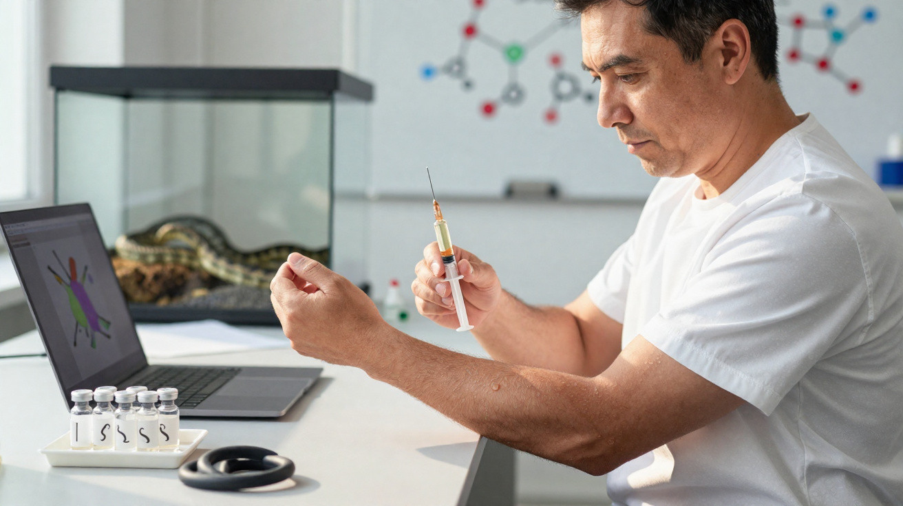 Homem prepara seringa com vacina em laboratório científico próximo a computador e amostras.