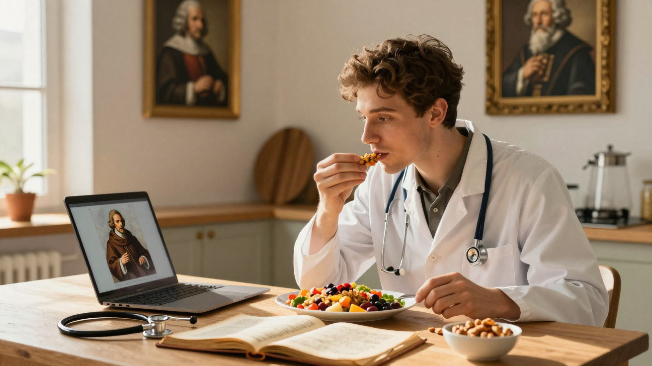 Médico vestido com jaleco branco com estetoscópio comendo salada em mesa com notebook, livro e tigela de nozes.