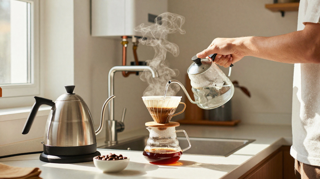 Mão despejando água quente em coador de café com vapor, chaleira elétrica e tigela de grãos na bancada da cozinha.