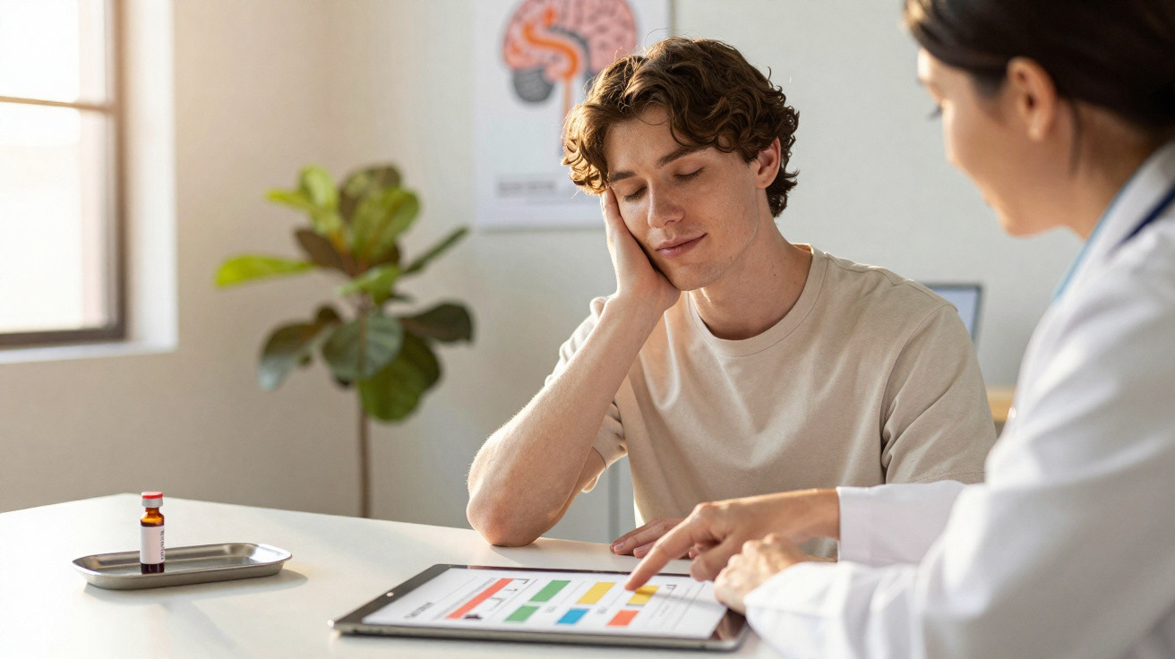 Paciente e profissional de saúde analisam gráficos em tablet durante consulta em consultório iluminado.