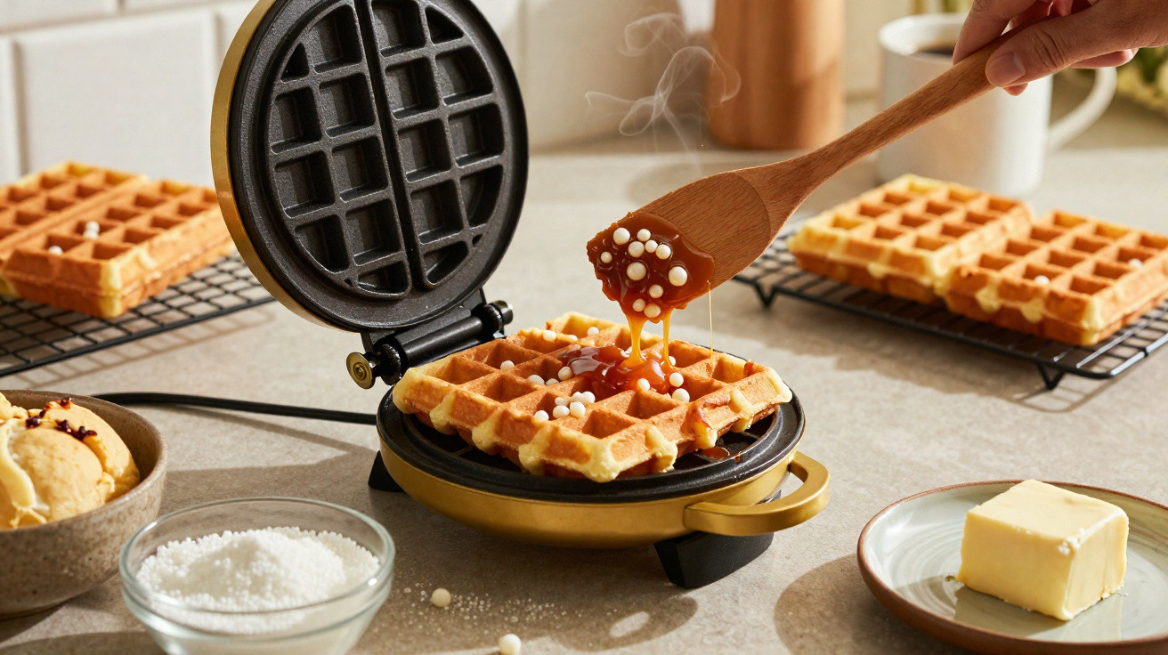 Waffle recém-saído da máquina sendo coberto com calda e confeitos, com café e manteiga ao lado.