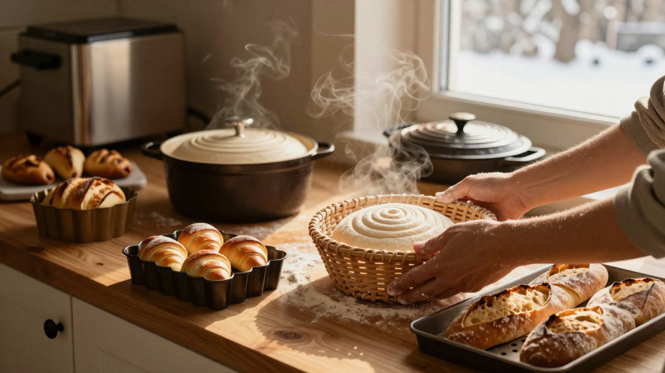 Pessoa segurando cesta com massa de pão quente e assadeira com pães em bancada de cozinha iluminada.