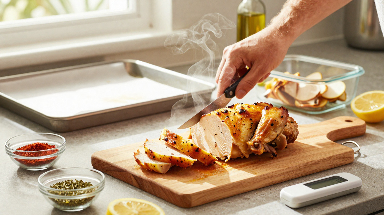 Pessoa fatiando frango assado quente em tábua com fatias de limão e temperos na bancada da cozinha.