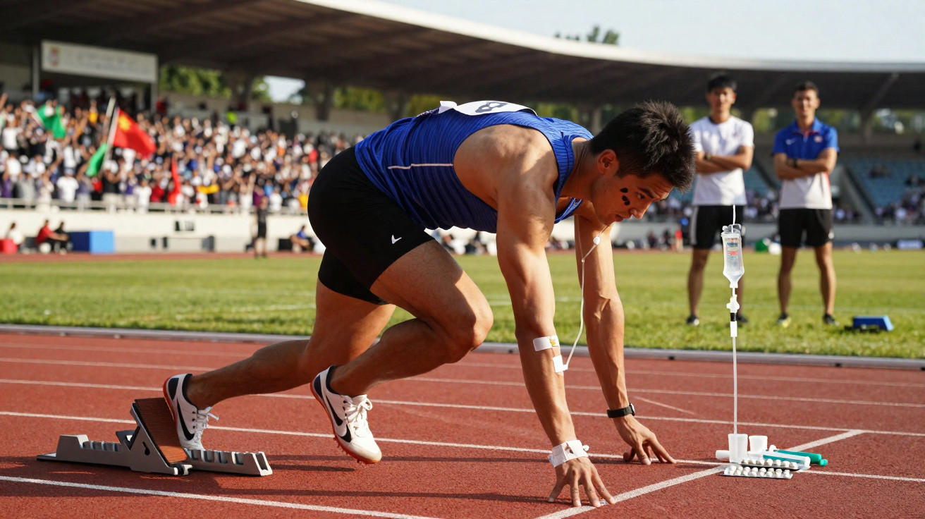 Atleta em posição de largada numa pista vermelha com soro intravenoso e comprimidos ao lado.