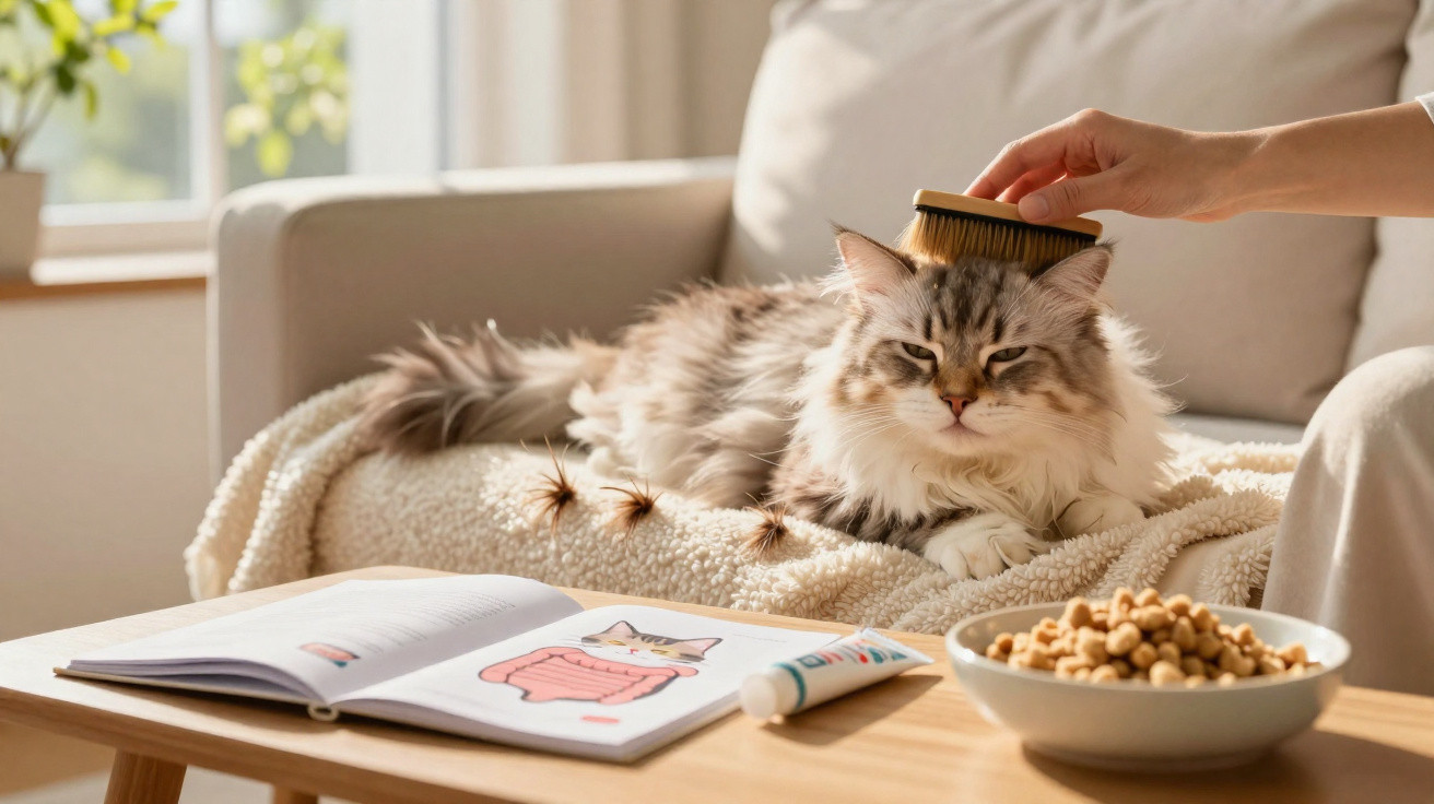Pessoa escovando um gato branco e cinza deitado no sofá, com livros e ração em uma mesa à frente.
