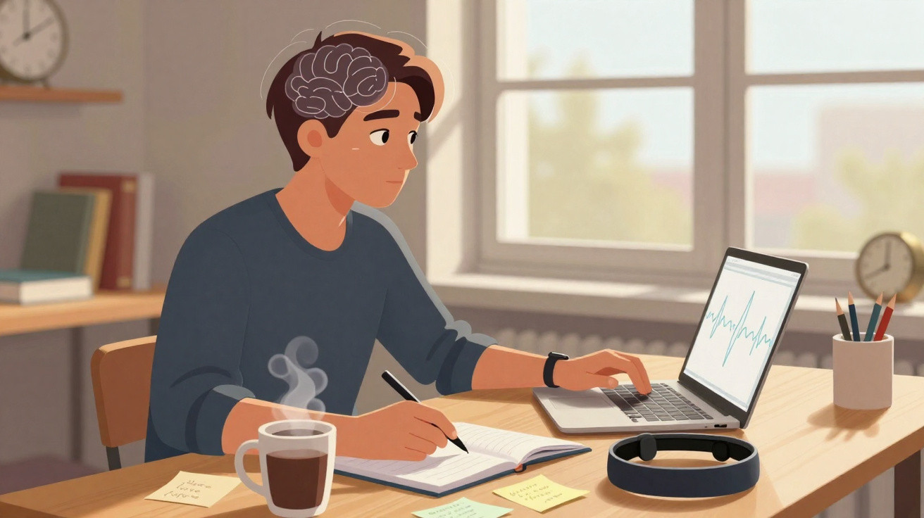 Jovem sentado em mesa com laptop, caderno, notas e xícara de café, aparentando estar confuso ou pensativo.