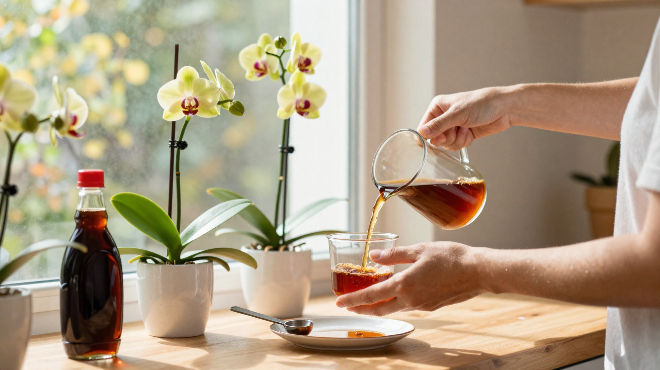 Mãos servindo chá em copo sobre mesa com orquídeas e garrafa ao lado, próximo à janela iluminada.