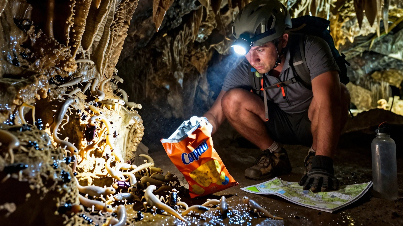 Explorador com capacete e lanterna observa formigas brancas e pretas em caverna, com mapa e mochila ao lado.
