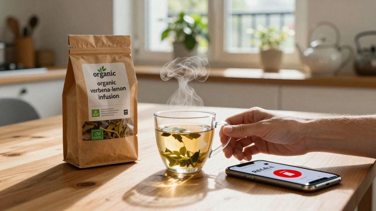 Mão segurando xícara de chá de ervas quente, ao lado embalagem de infusão de verbena com limão e celular numa mesa.