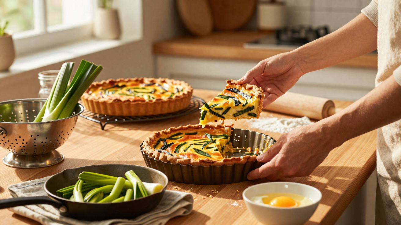 Pessoa retirando fatia de torta salgado com legumes em bancada de cozinha iluminada por luz natural.