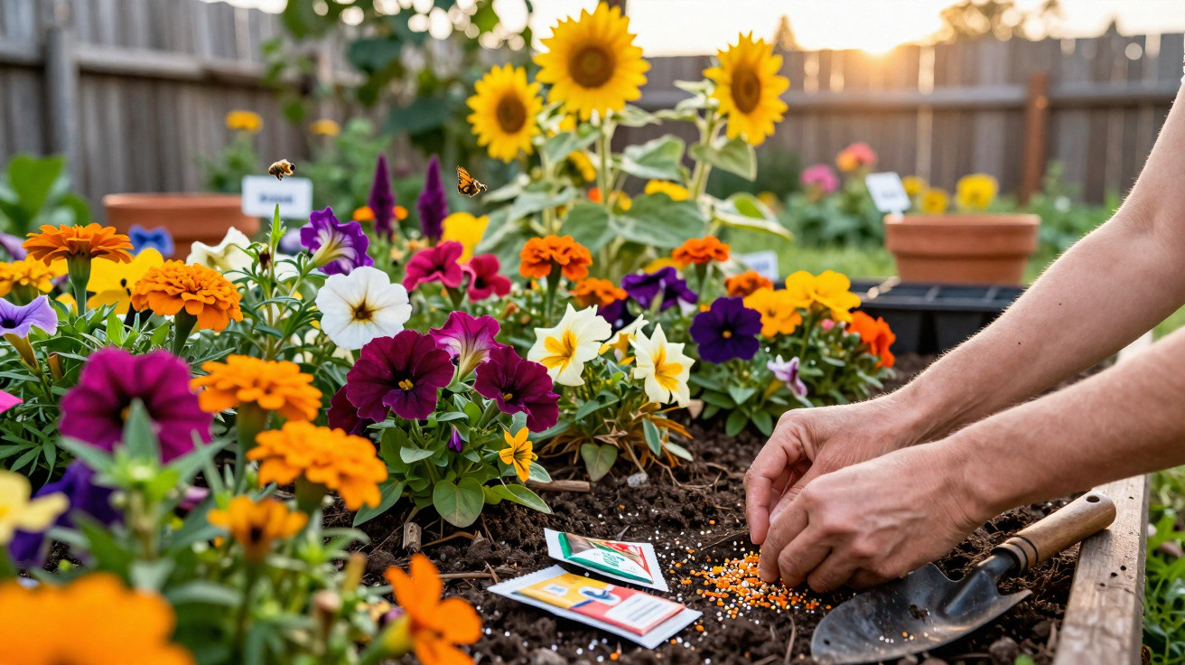 Pessoa plantando sementes coloridas em canteiro com flores variadas e abelhas voando ao redor.