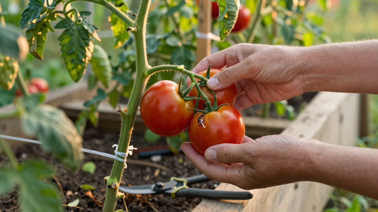 Mãos colhendo tomates maduros em planta cultivada em canteiro de jardim ao ar livre.