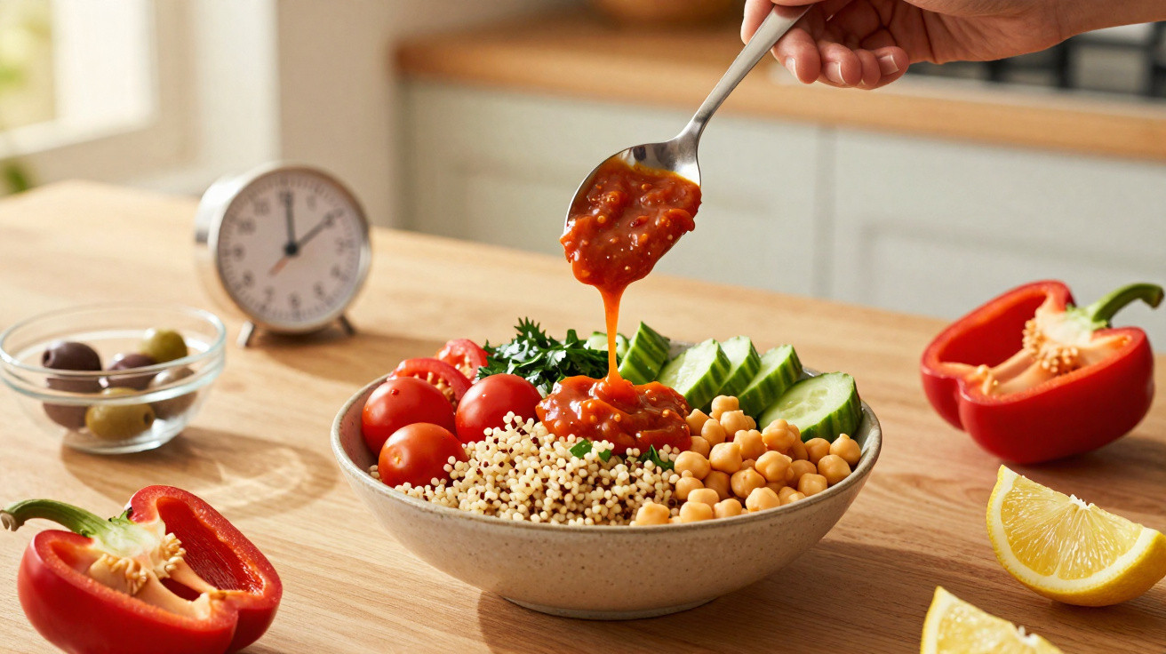 Tigela com salada saudável de grão-de-bico, quinoa, tomate, pepino e molho sendo colocado com colher.