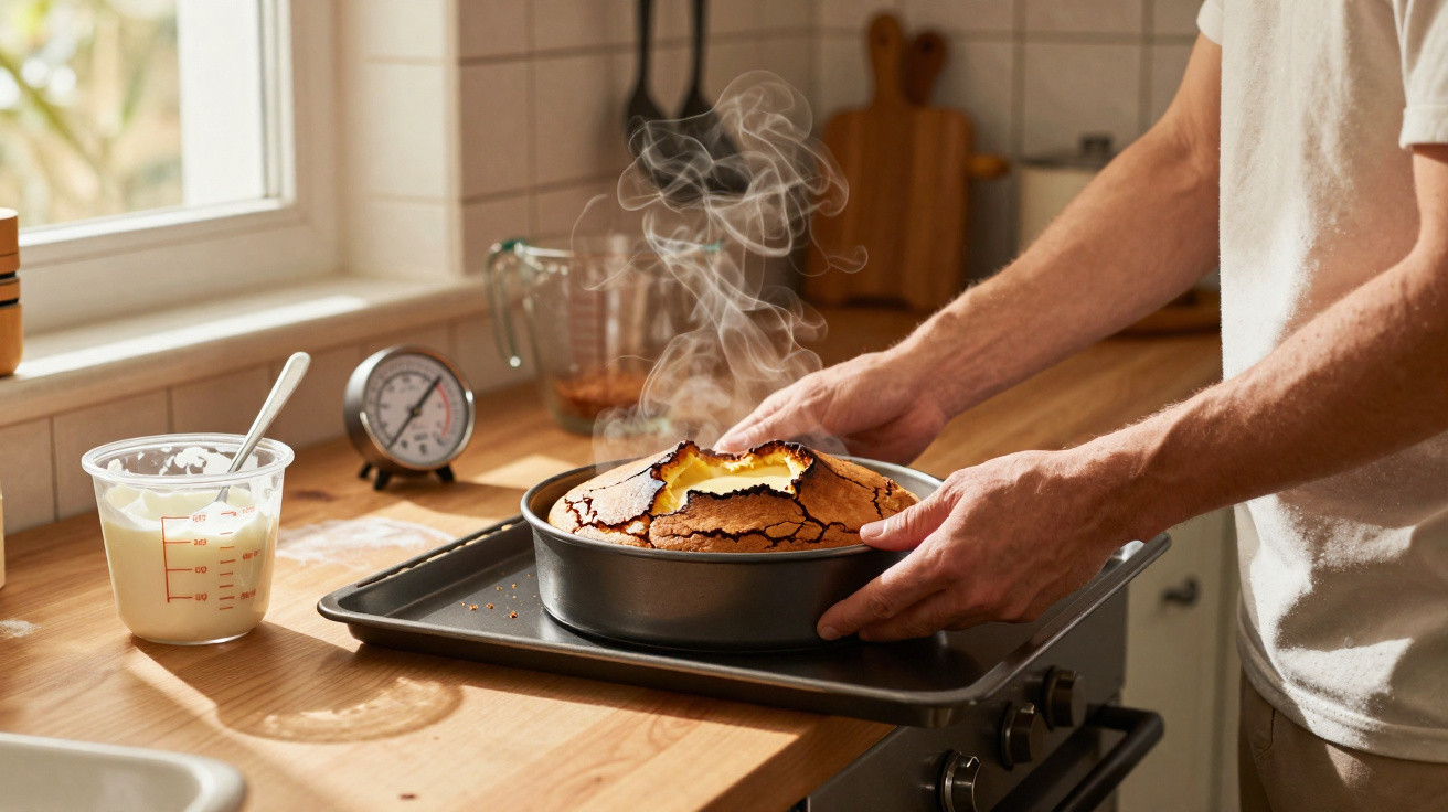 Pessoa retirando bolo quente recém assado em forma redonda na cozinha com ingredientes ao fundo.