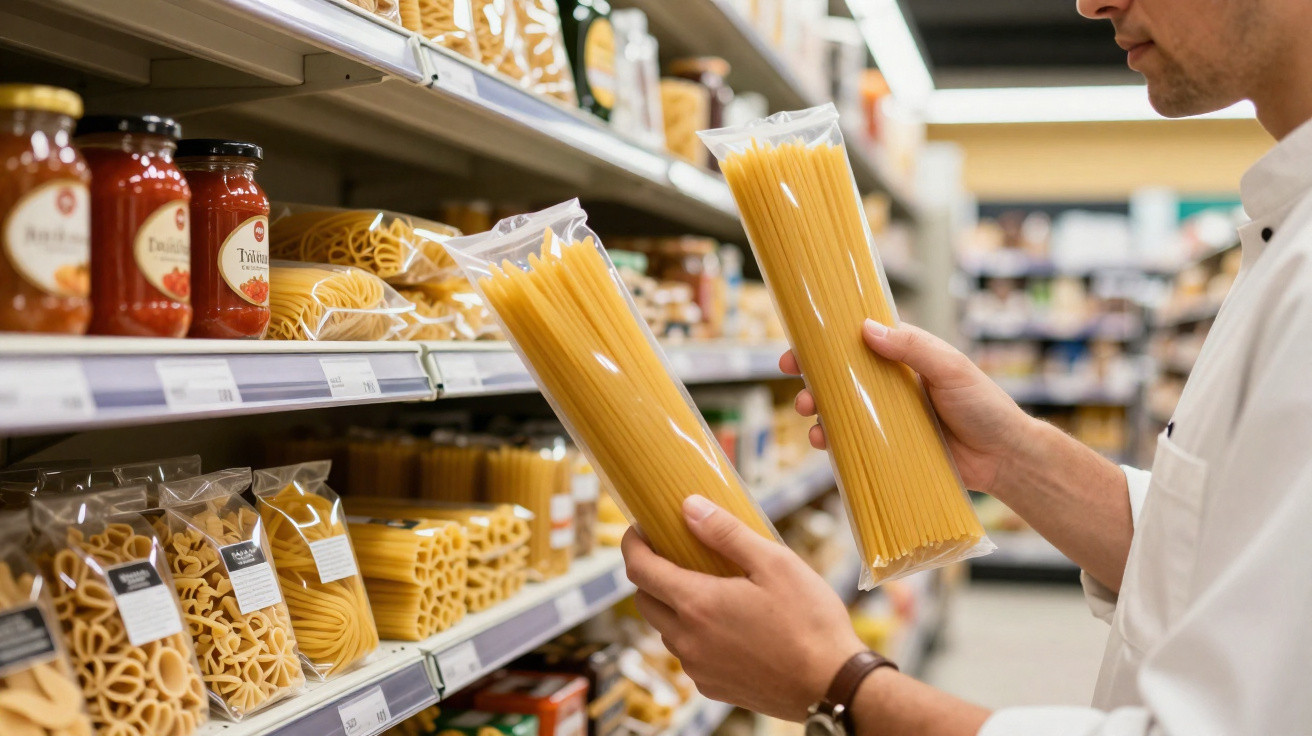 Pessoa escolhendo pacotes de macarrão spaghetti em prateleira de supermercado.