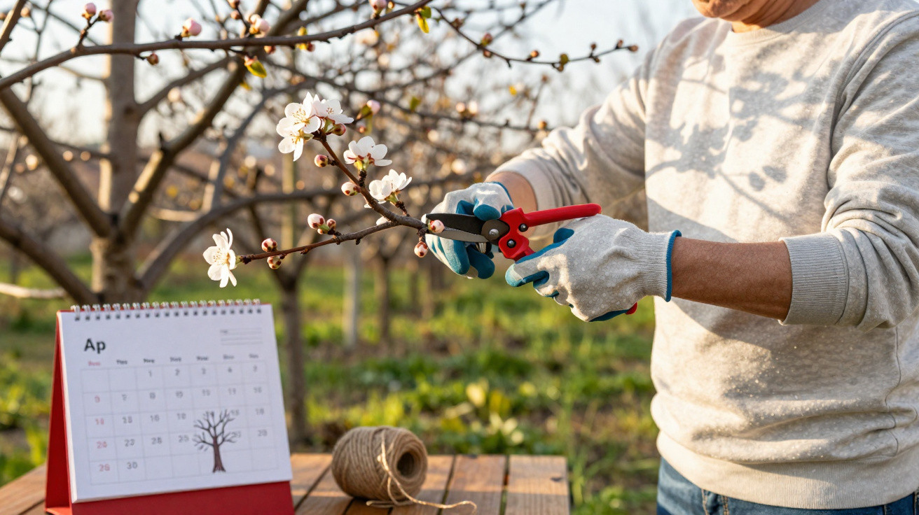 Pessoa podando galho florido de árvore com tesoura de poda em pomar na primavera, calendário de abril ao lado.