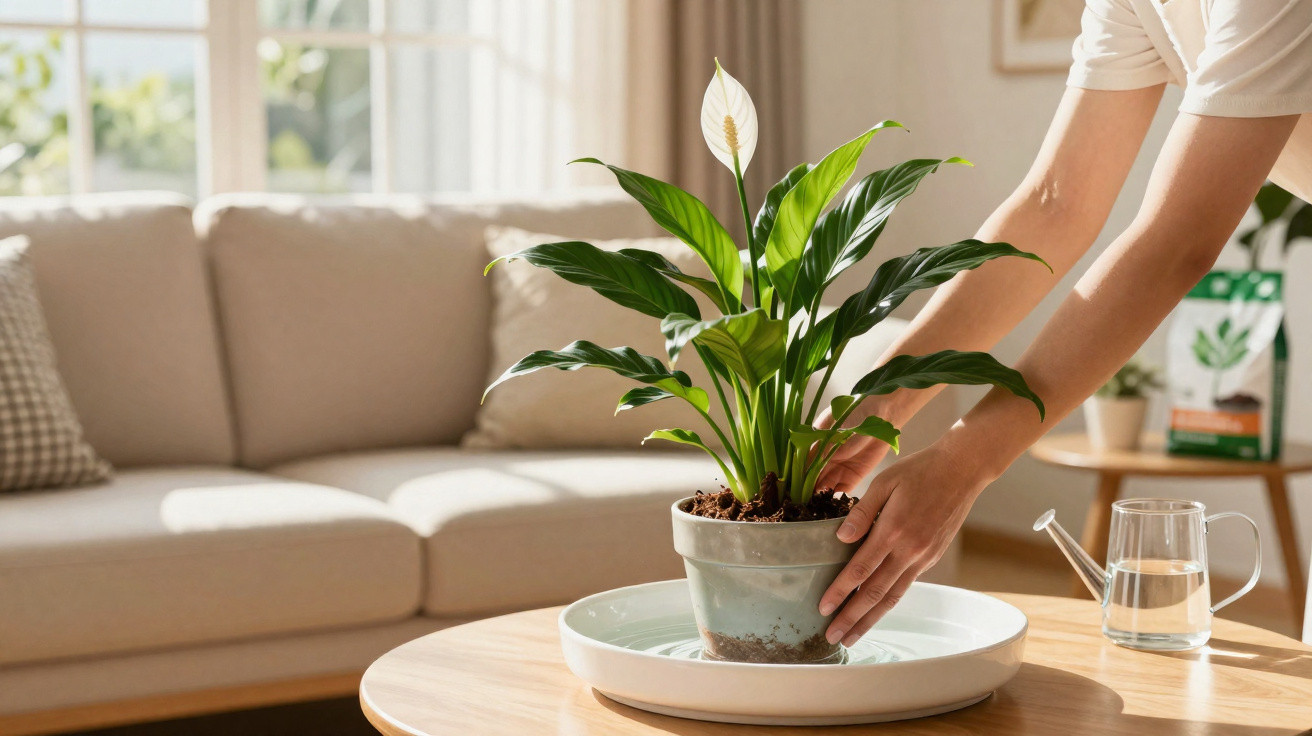 Mão posicionando vaso com planta lírio-da-paz sobre mesa de madeira em sala iluminada.