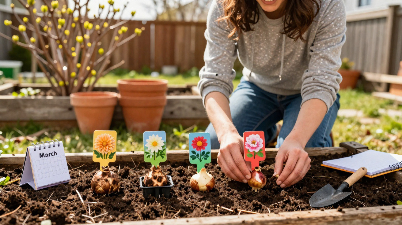 Pessoa plantando bulbos de flores em canteiro de jardim ao ar livre com calendário aberto em março.