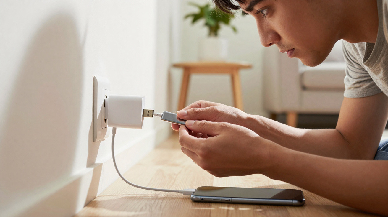 Jovem conectando cabo USB a carregador branco na tomada em ambiente doméstico.