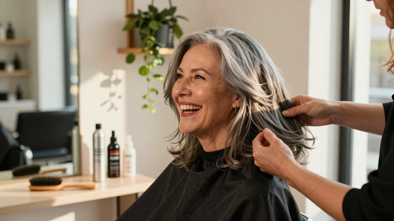 Mulher madura sorridente recebendo corte de cabelo em salão moderno e iluminado.