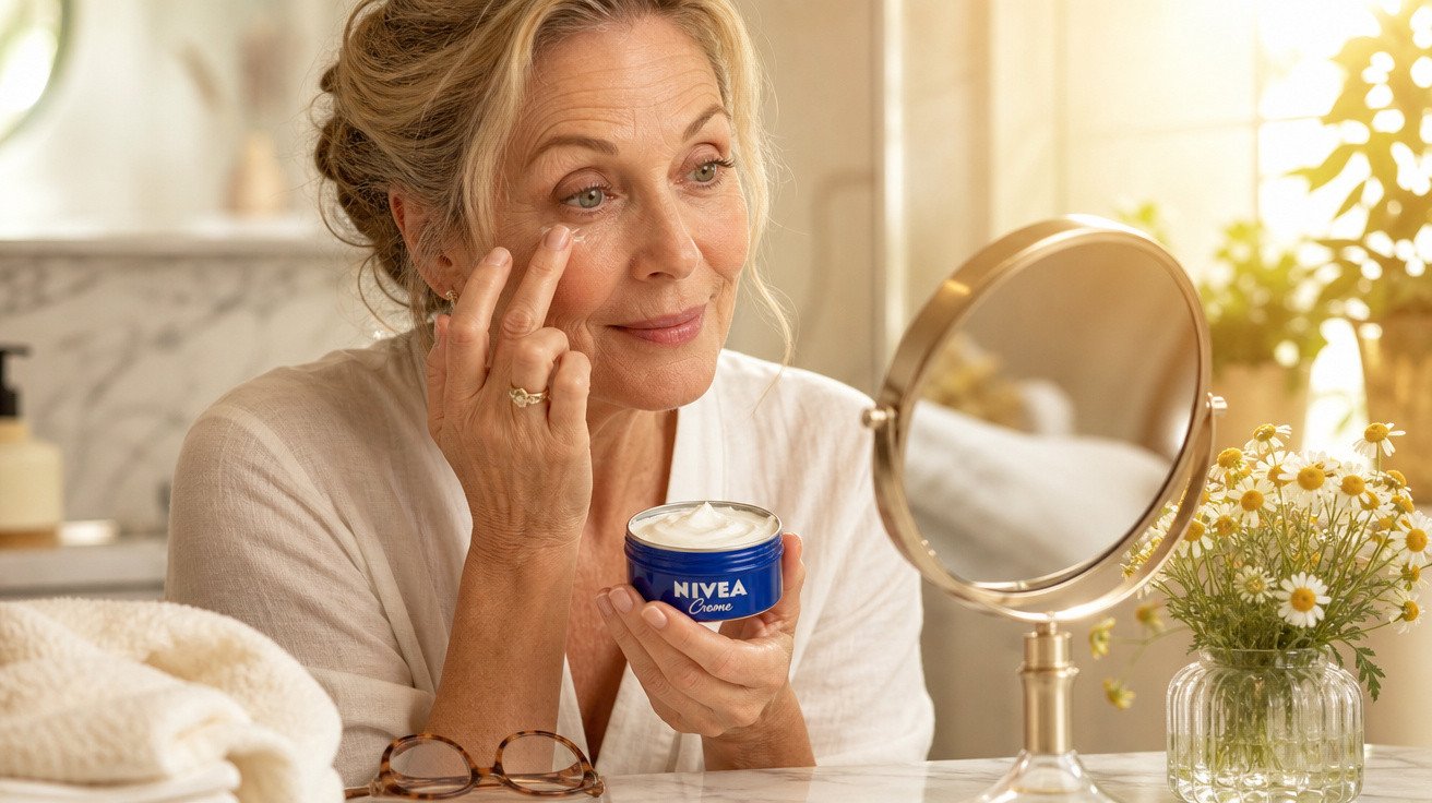 Mulher madura aplicando creme facial Nivea em frente ao espelho em ambiente iluminado e acolhedor.