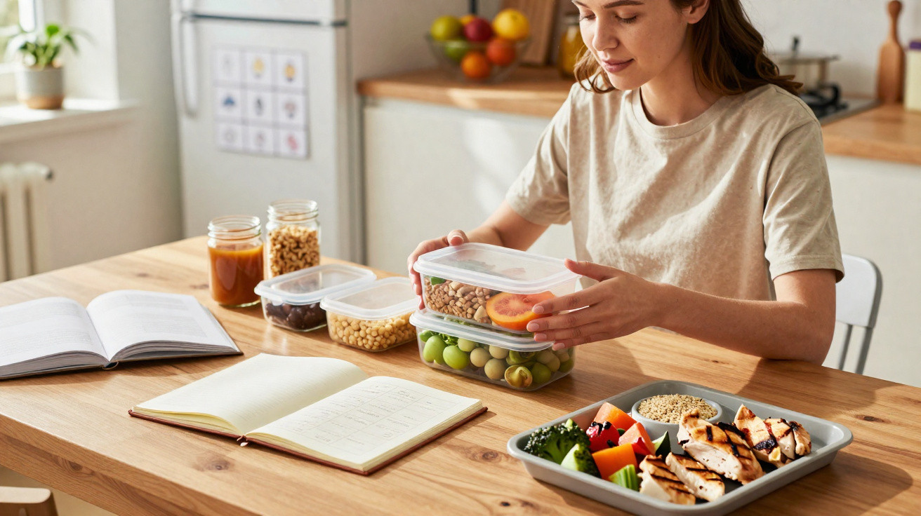 Mulher arrumando marmitas com frutas e legumes na cozinha, com livro aberto na mesa.