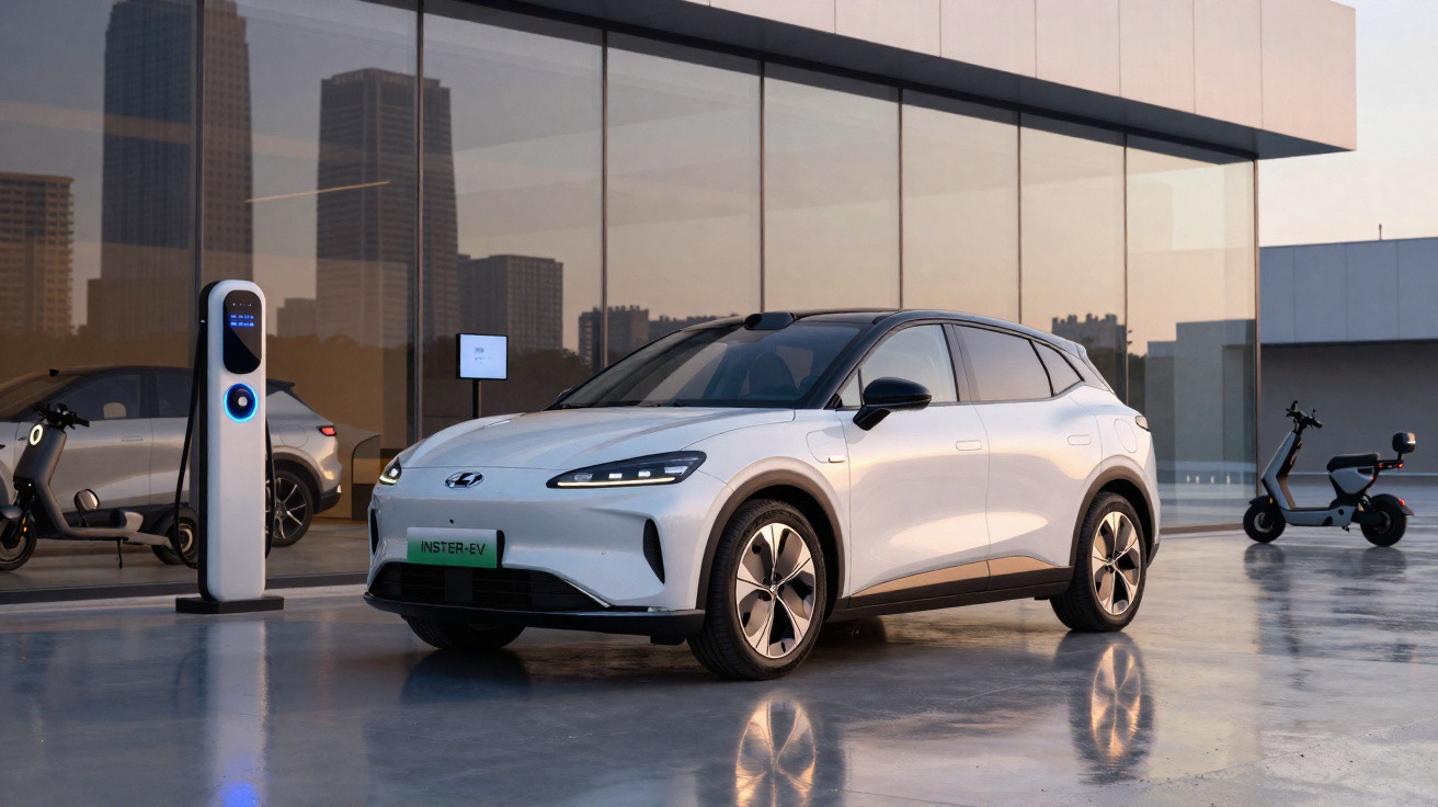 Carro elétrico branco Hyundai IONIQ 5 estacionado em garagem moderna com scooter elétrica e cidade ao fundo.
