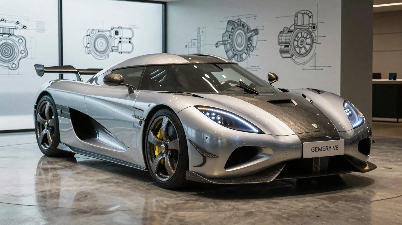 Carro esportivo cinza Koenigsegg Gemera V8 em showroom com ilustrações técnicas ao fundo.