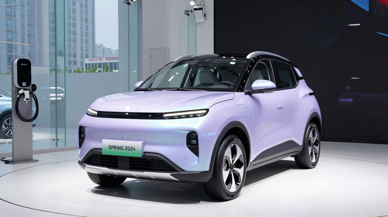 Carro elétrico compacto branco exibido em showroom com estação de recarga ao lado, vista frontal e lateral direita.