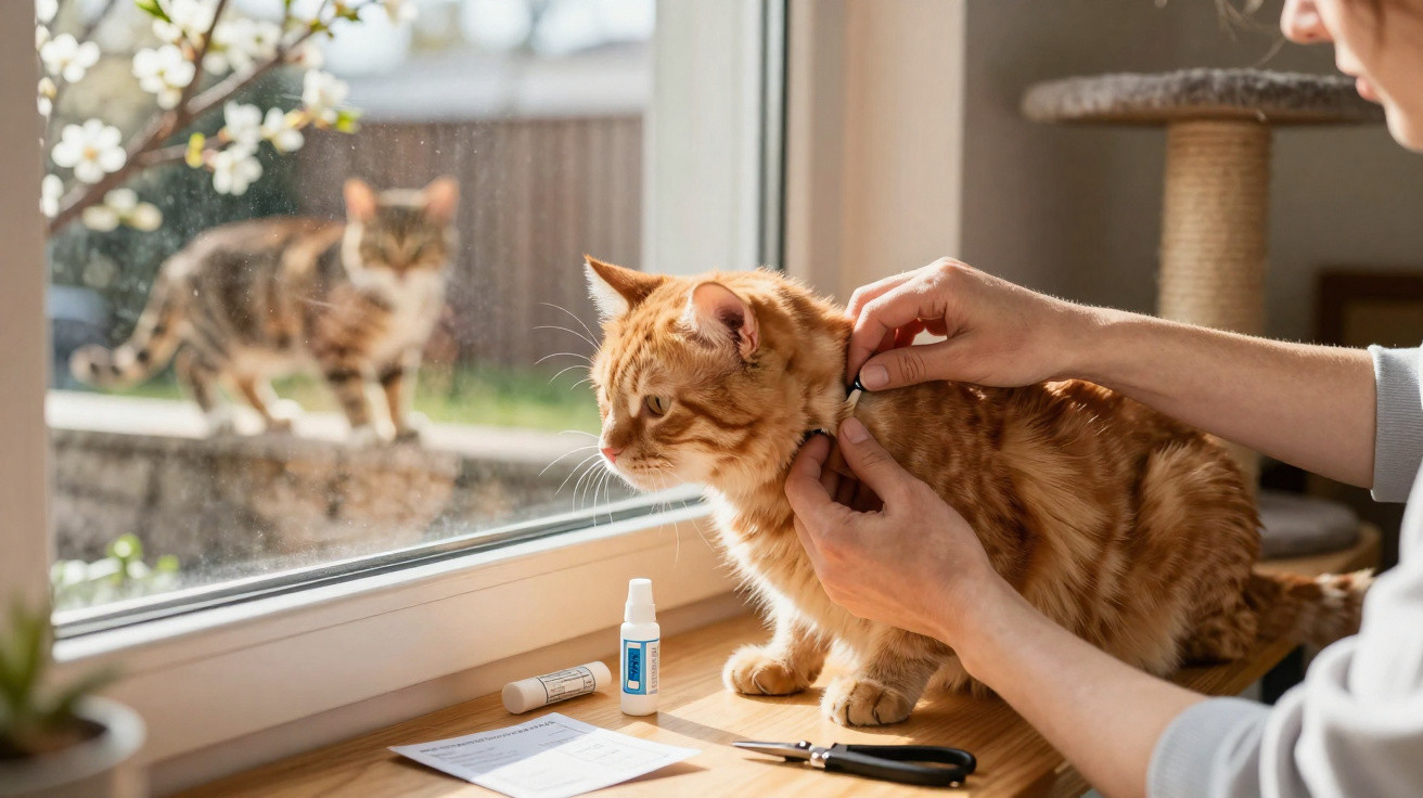 Pessoa colocando coleira com flor rosa em gato laranja dentro de casa próximo a janela com gato observando do lado de fora.