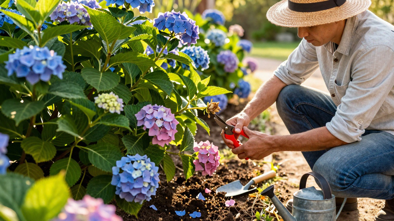 Homem com chapéu jardinando flores hortênsias azuis e rosas em jardim ensolarado.