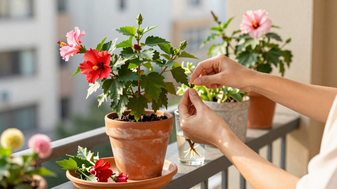 Mãos cuidando de flores rosas em vaso de barro em varanda ensolarada com prédios ao fundo.
