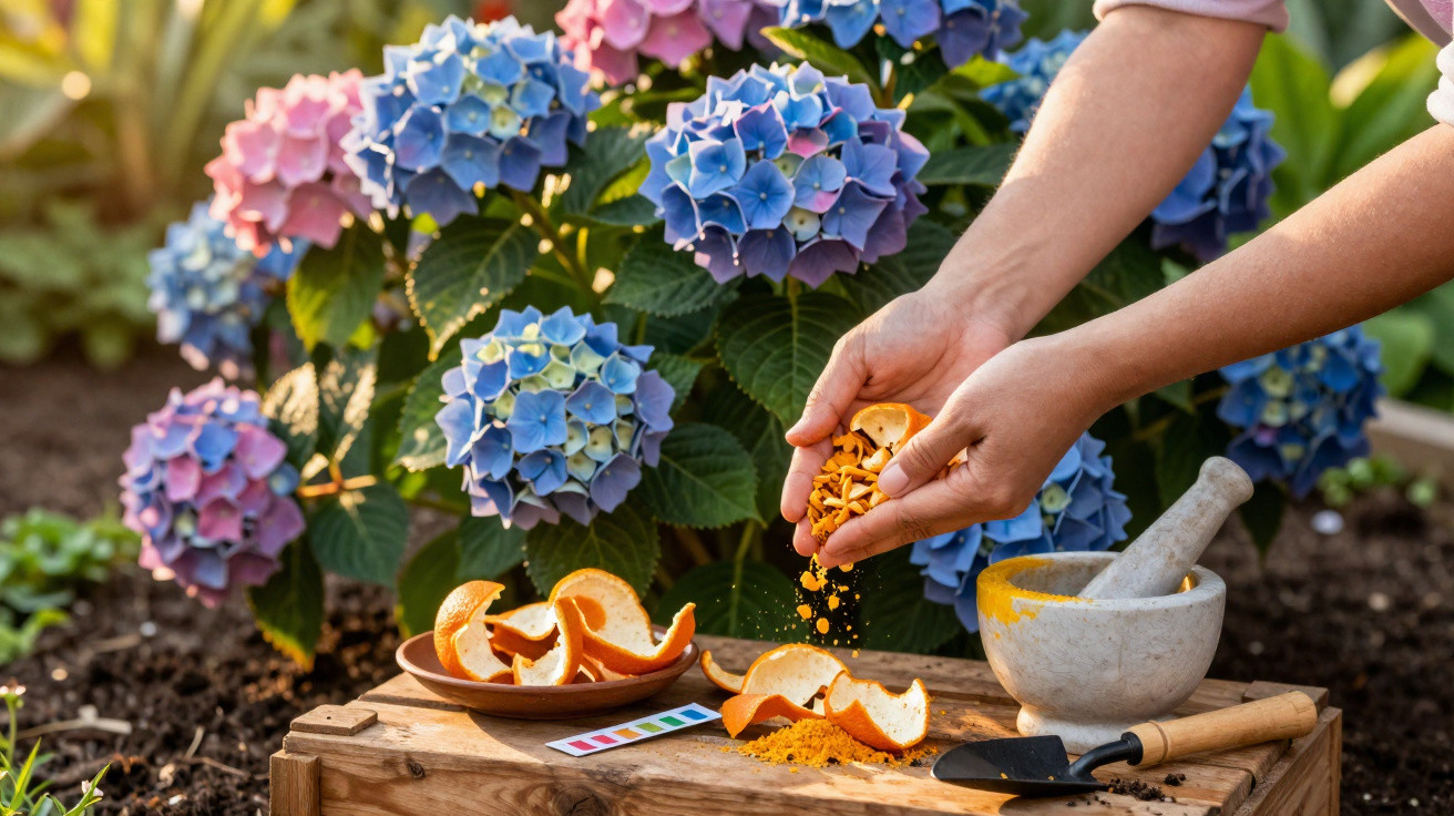 Mãos amassando cascas de laranja sobre terra em mesa com flores hortênsias ao fundo.