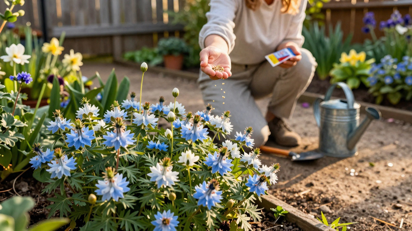 Pessoa regando flores azul e branca em jardim com regador e pá, cercado por plantas e flores coloridas.