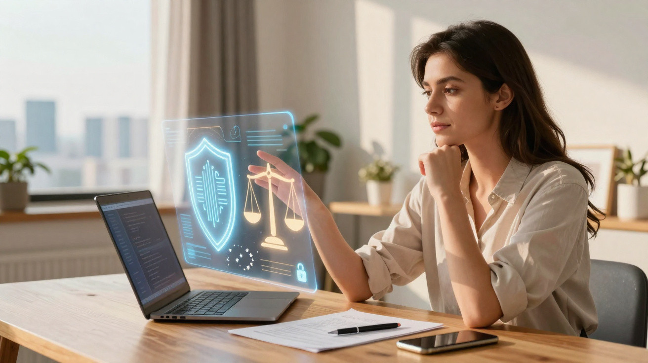 Mulher usando holograma de escudo de segurança e balança da justiça ao trabalhar no laptop em ambiente iluminado.