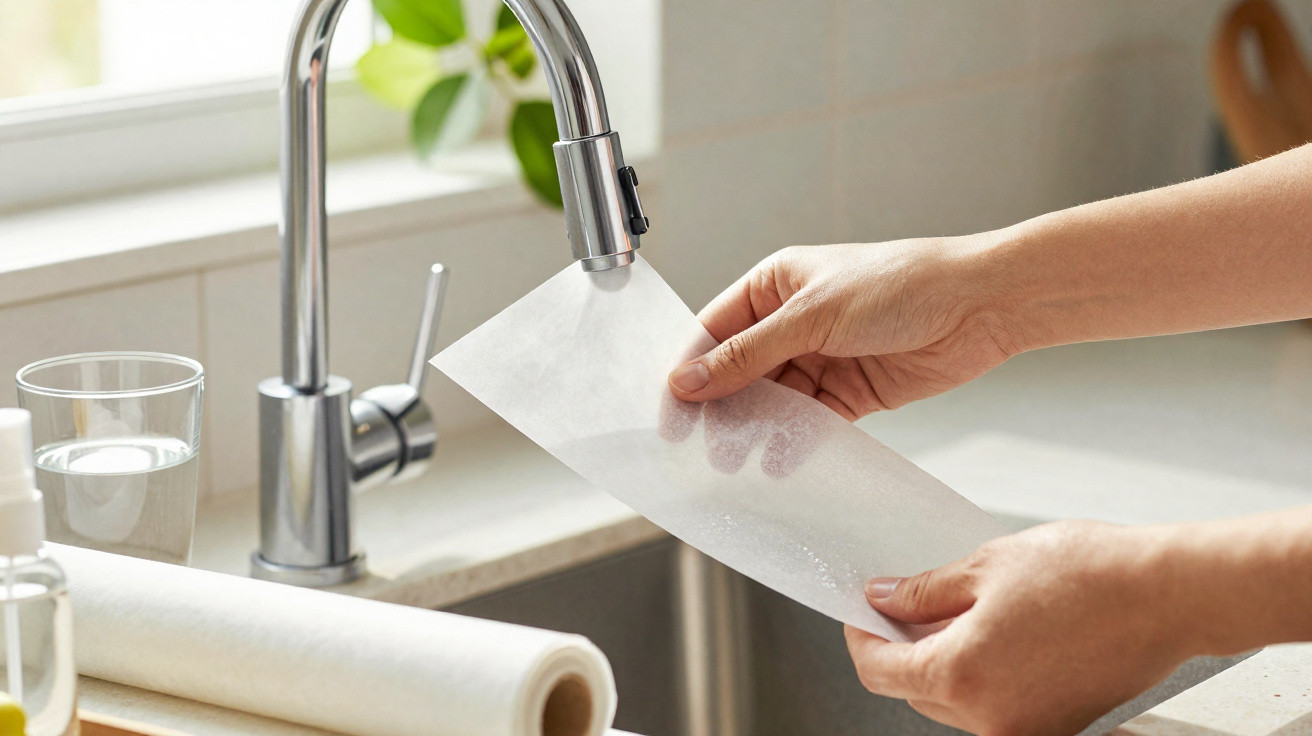 Mãos segurando folha biodegradável transparente perto da torneira na pia da cozinha.