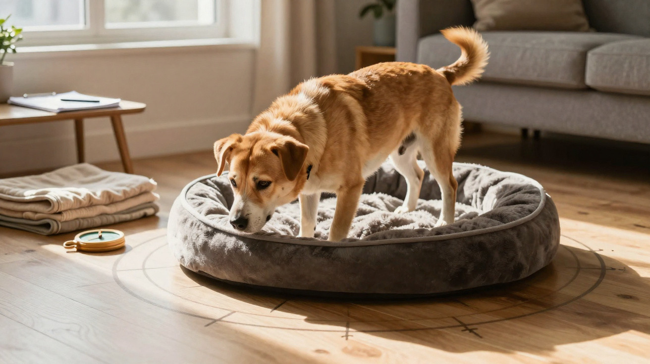 Cachorro marrom claro em cama cinza felpuda em sala iluminada com sofá e mesa ao fundo.
