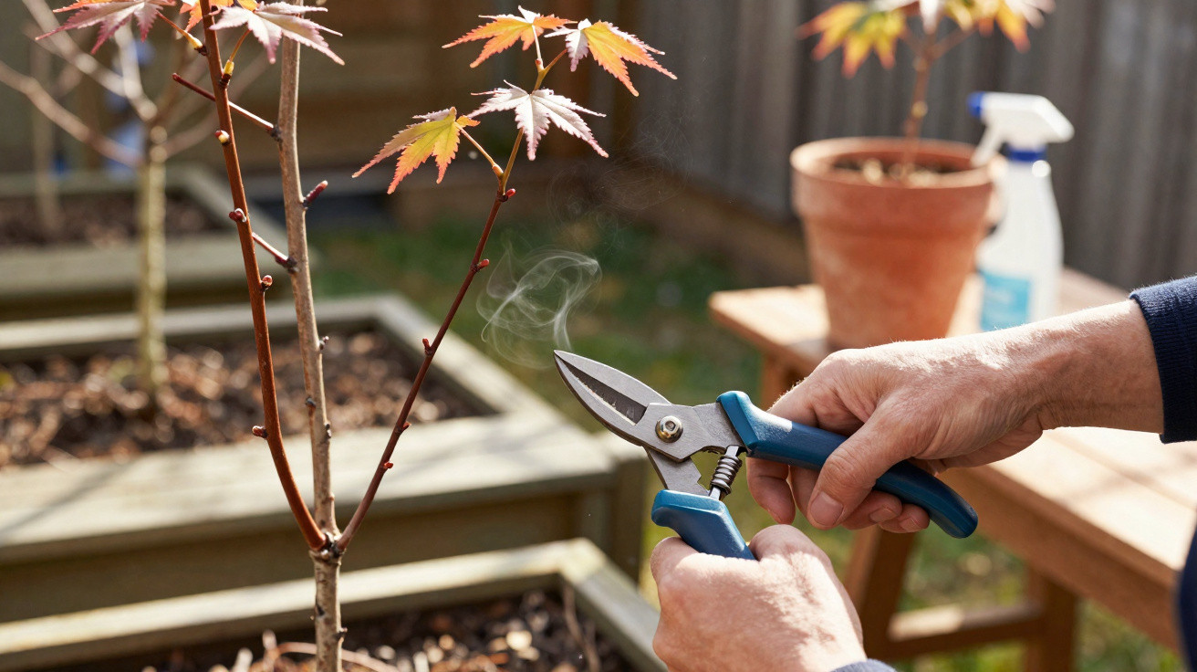Mãos podando galho fino de planta em vaso com tesoura de jardinagem em ambiente externo.
