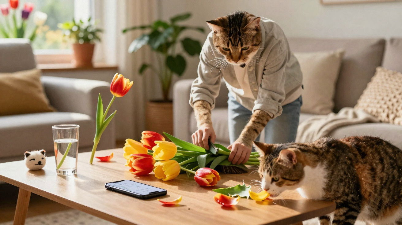 Pessoa varrendo pétalas de tulipas de uma mesa de centro enquanto dois gatos observam na sala iluminada.