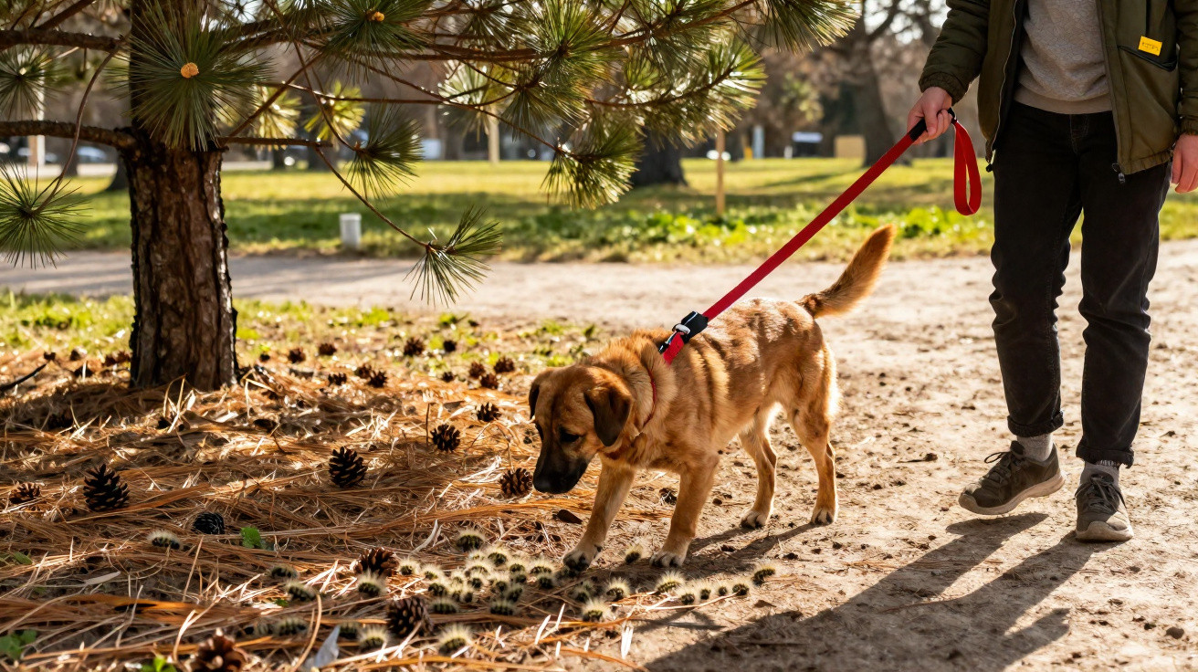 Pessoa caminhando com cachorro em coleira vermelha por caminho com pinhas e árvore em parque ensolarado.