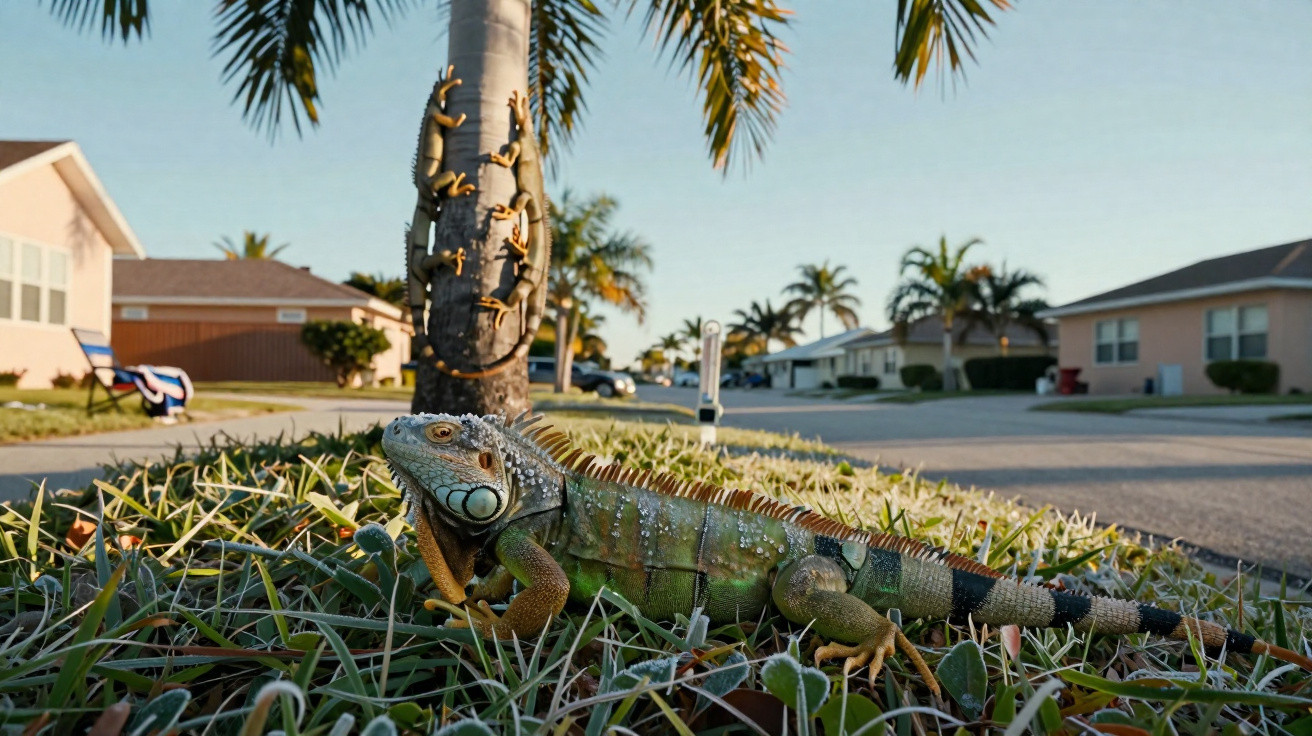 Iguanas verdes em um gramado de bairro residencial com casas e árvores ao fundo.