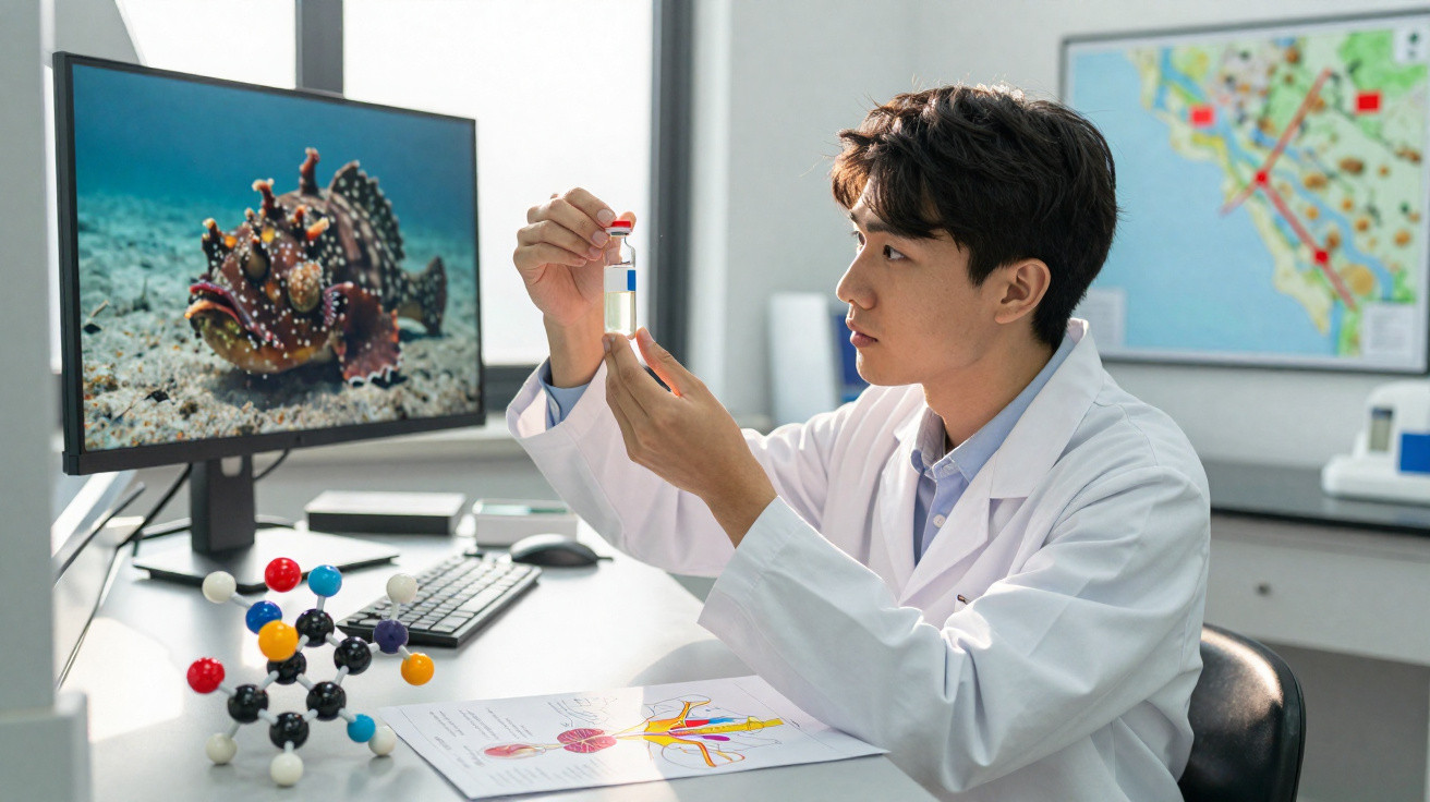 Cientista em laboratório analisando amostra em tubo de ensaio com modelo molecular e gráfico à frente.