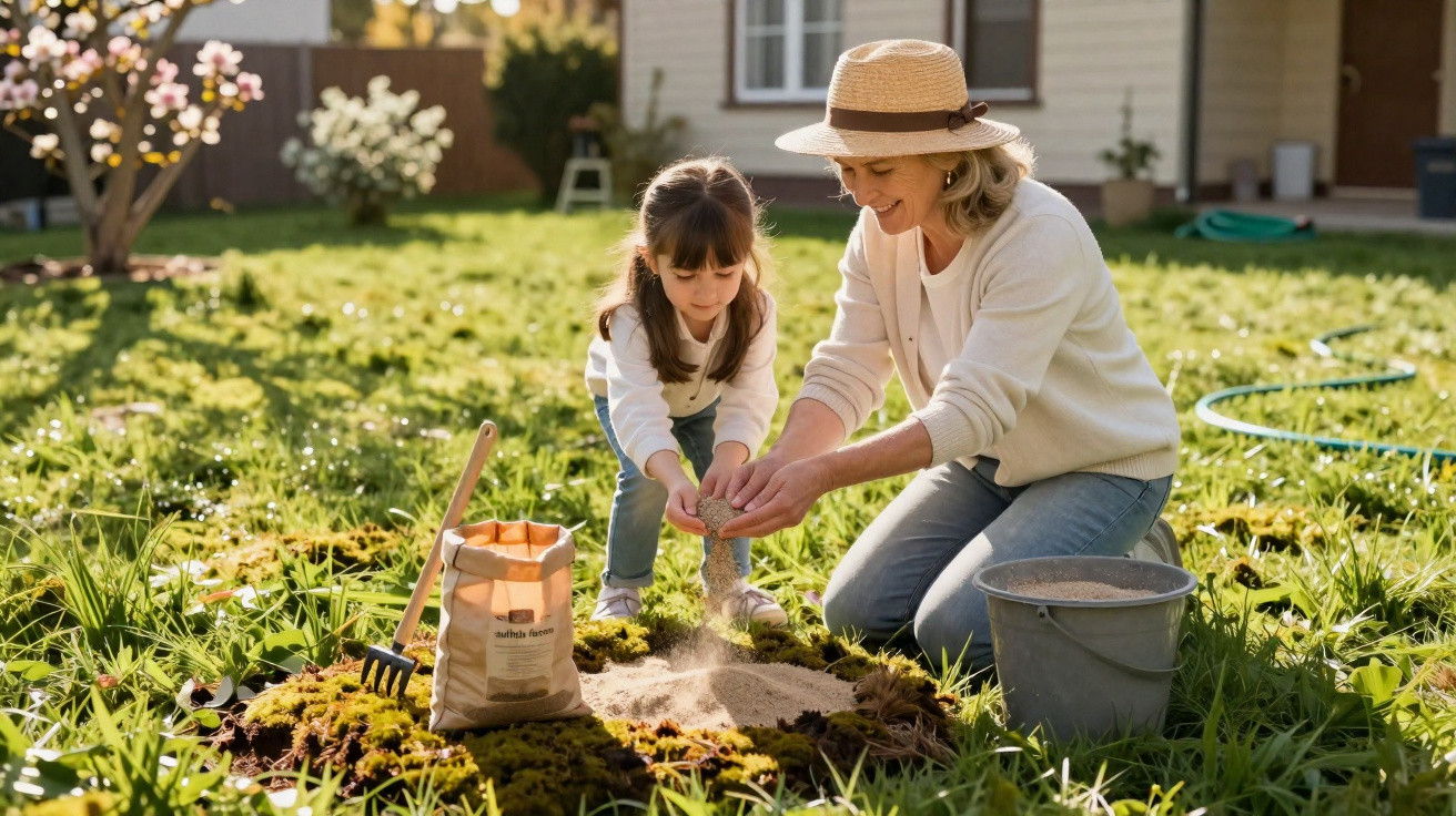 Mulher e menina plantando sementes em jardim ensolarado com utensílios de jardinagem ao lado.