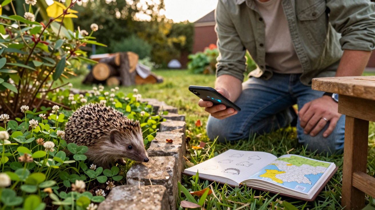Pessoa usando celular observa ouriço em jardim com caderno aberto mostrando mapa e desenhos.
