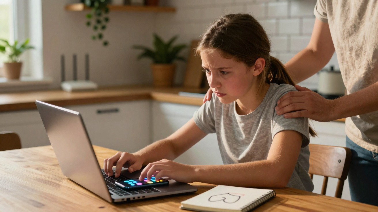 Menina preocupada olhando para o notebook enquanto uma pessoa coloca a mão em seu ombro na cozinha.